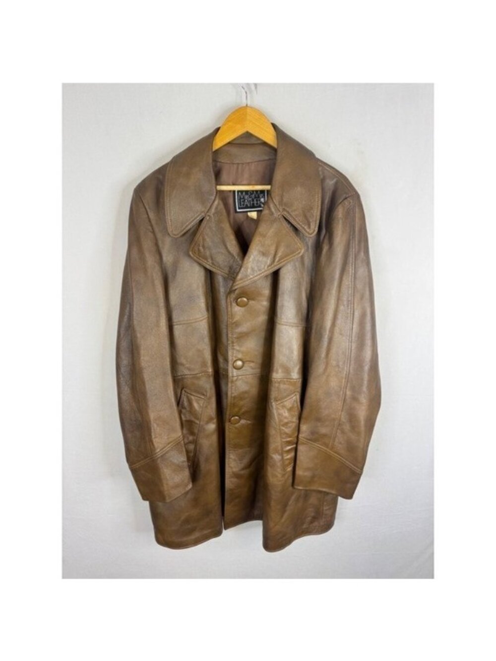 Vintage Mr & Mrs Leather 70s Brown Car Coat Jacket Men 46 Rockabily